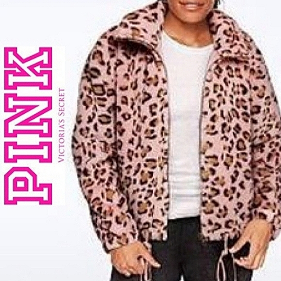 PINK VICTORIA'S SECRET Leopard Cheetah Fur Zip Teddy Bomber Jacket NWT - Picture 5 of 15